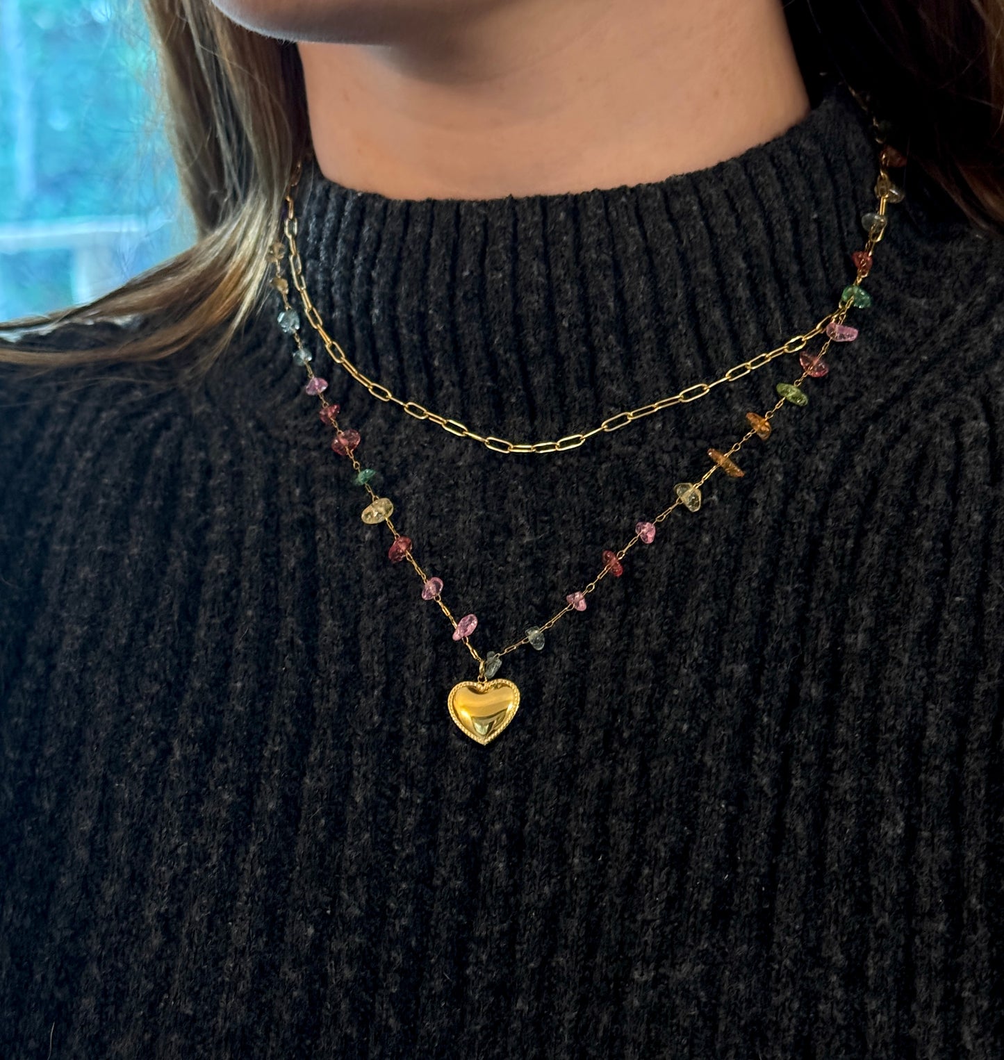 Collar doble mostacillas corazón bañado en oro