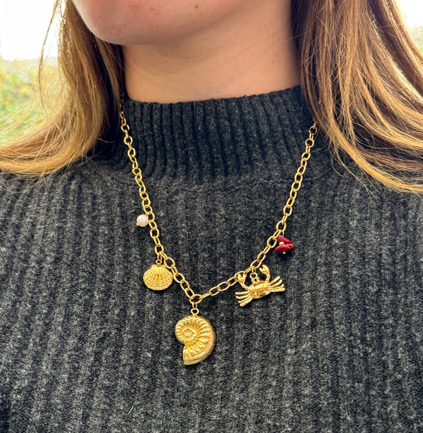 Collar de conchitas y cangrejo bañado en oro
