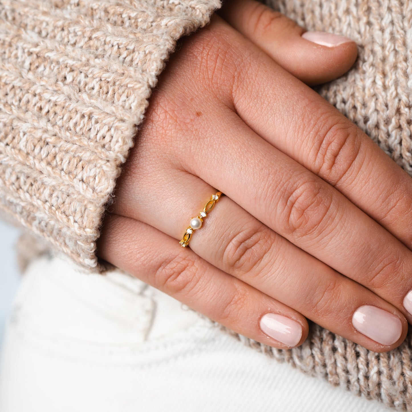 Anillo ajustable perla bañado en oro