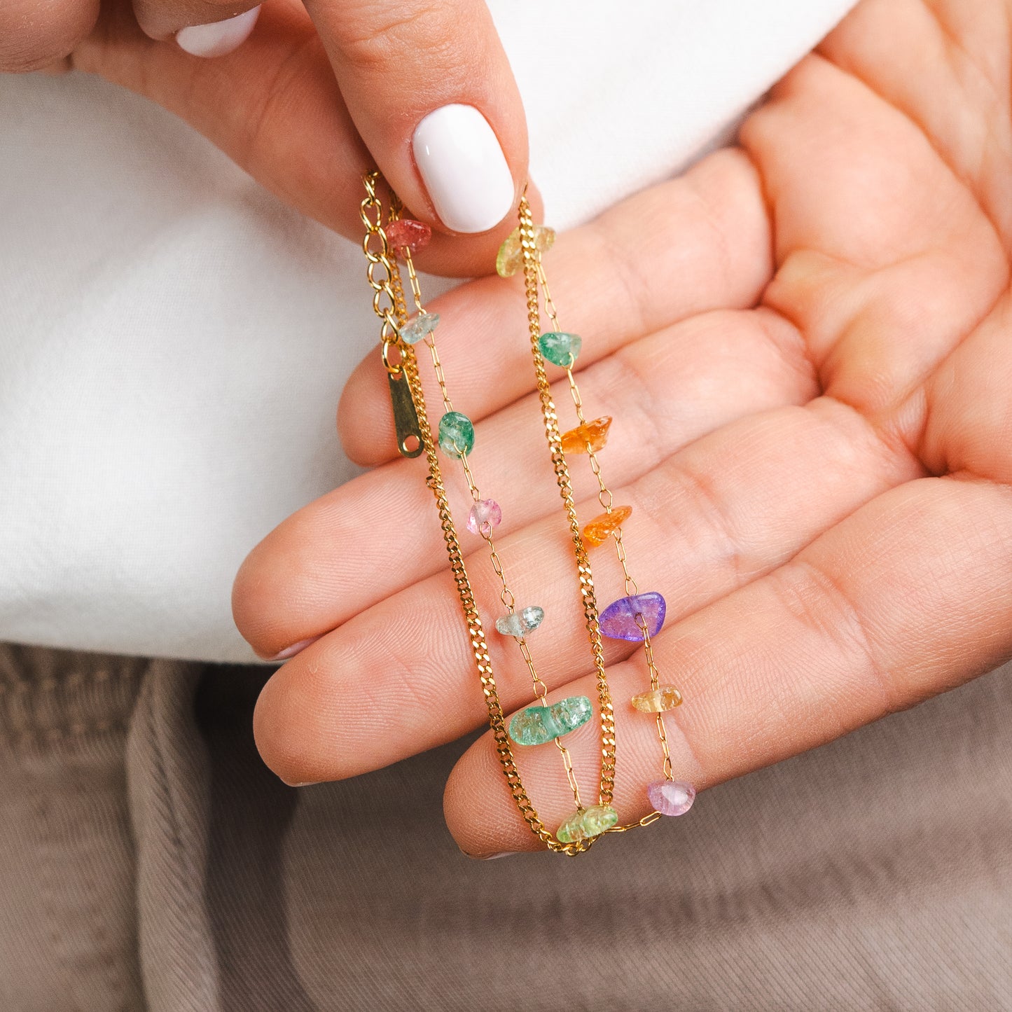 Pulseras doble mostacillas multicolor bañado en oro