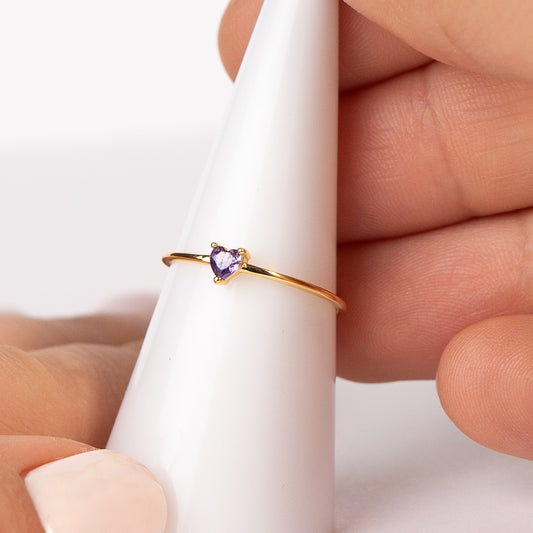 Anillo ajustable corazón circón morado bañado en oro
