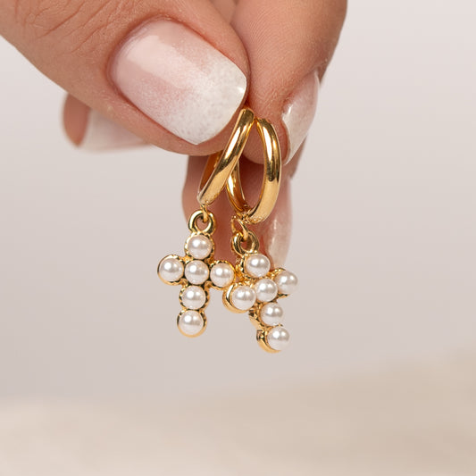 Aros argolla cruces perla bañado en oro
