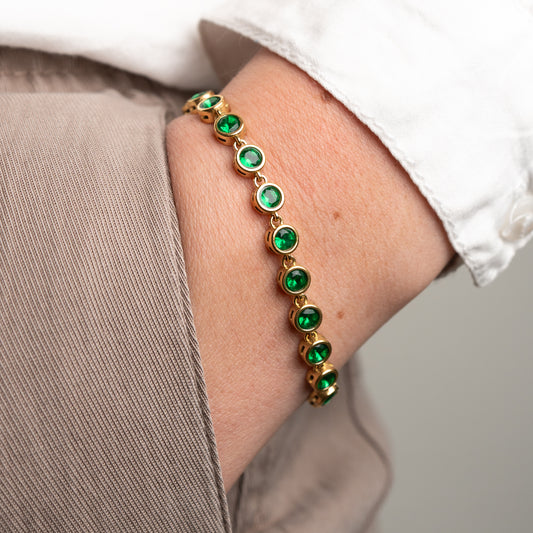 Pulsera diseño circones redondos verdes bañada en oro