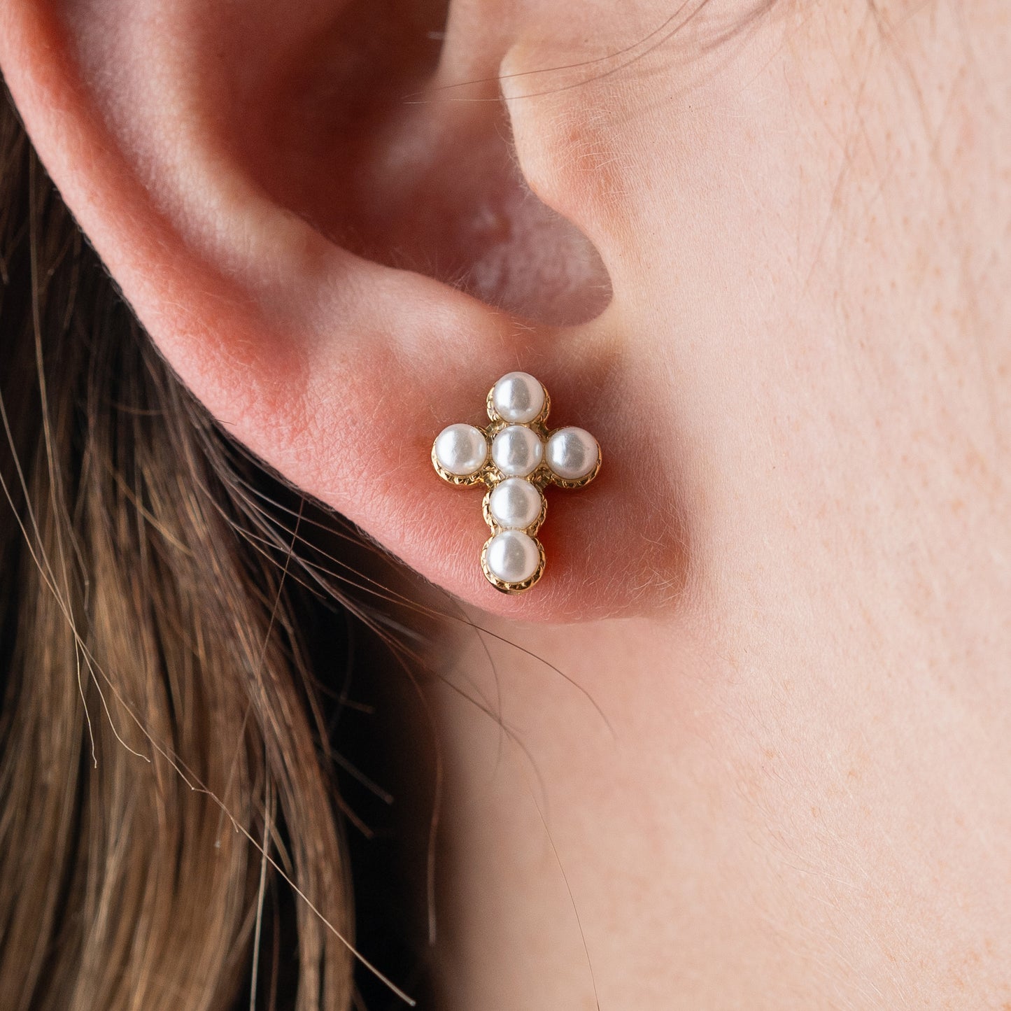 Aros Cruz Perlas Gold