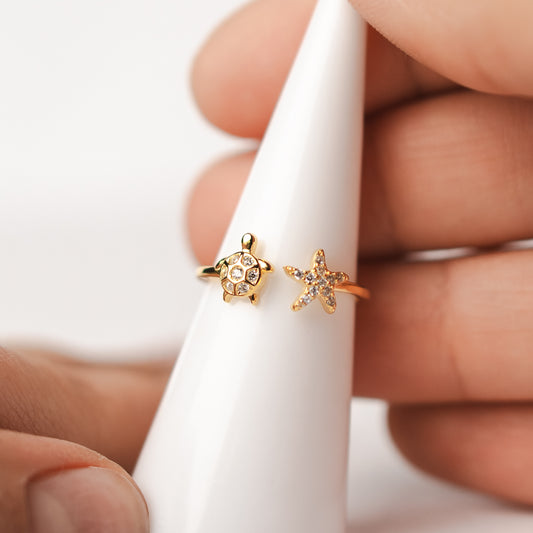 Anillo MIDI de tortuga y estrella circones bañado en oro