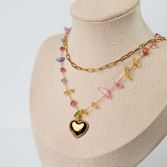 Collar doble mostacillas corazón bañado en oro