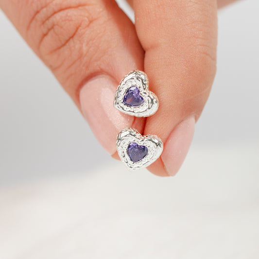 Aros pegados corazones circón morado