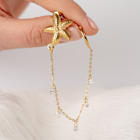 Aro ear cuff estrella de mar cadena bañado en oro