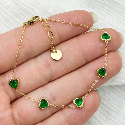 Pulseras corazones verdes bañado en oro