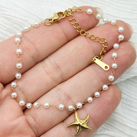 Pulseras estrella de mar y mostacillas bañado en oro
