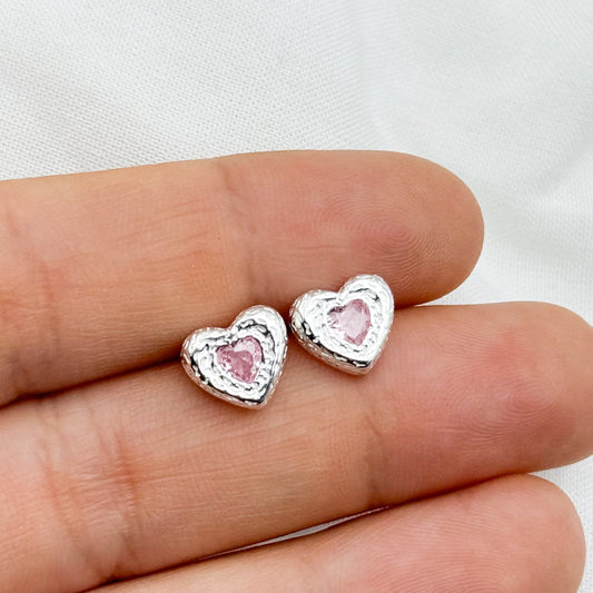 Aros pegados corazones circón rosa