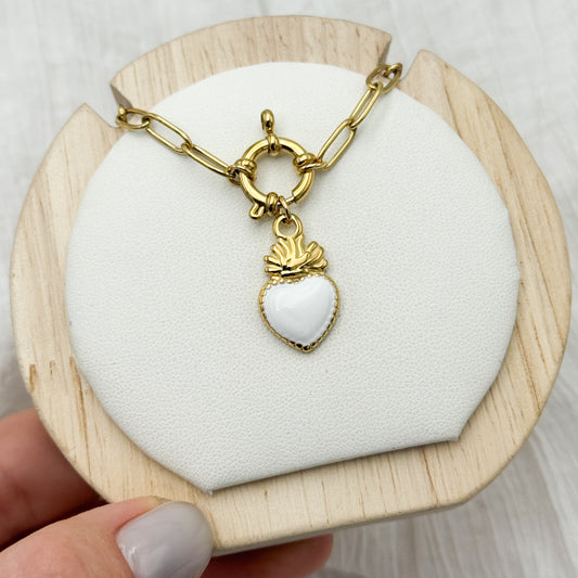 Collar de timón corazón blanco bañado en oro